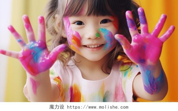 快乐的孩子五颜六色彩绘手快乐幸福的未成年儿童小学生笑容嬉戏玩耍